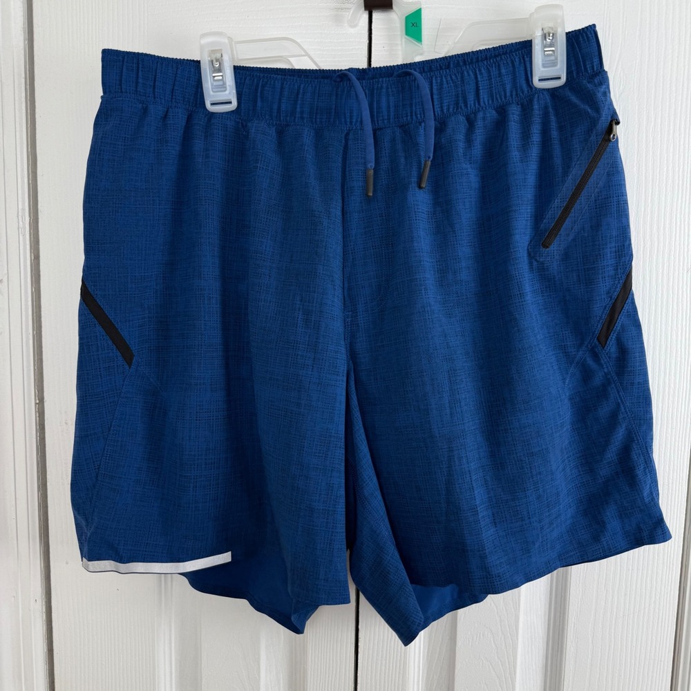 Lululemon Surge Lined Shorts 7 Mens XL Blue Crosshatch Running Athletic Workout